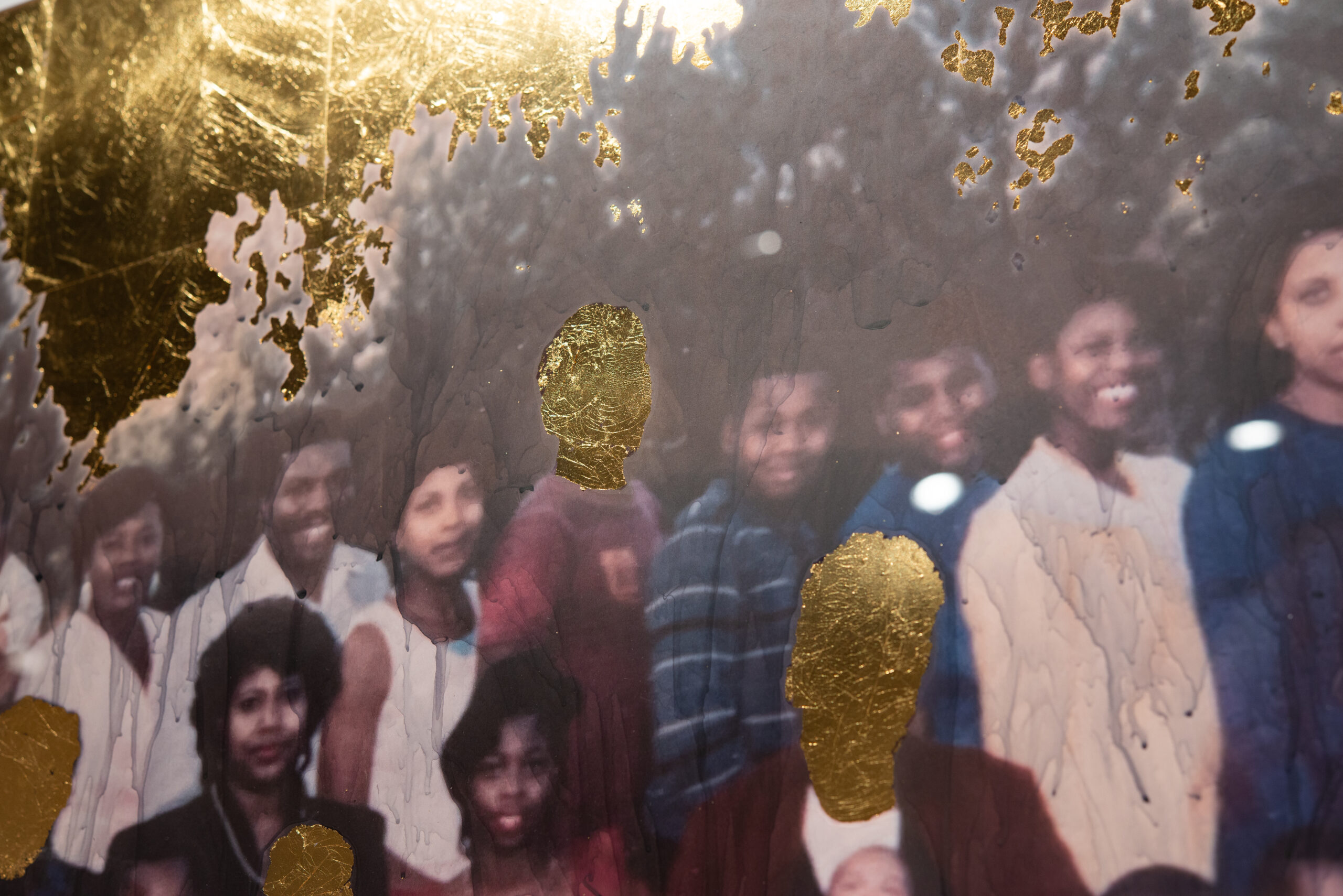 Alexis McGrigg (born 1989), A Personal Constellation, 2025; Installation view; Archived family photos, acrylic, gold leaf
