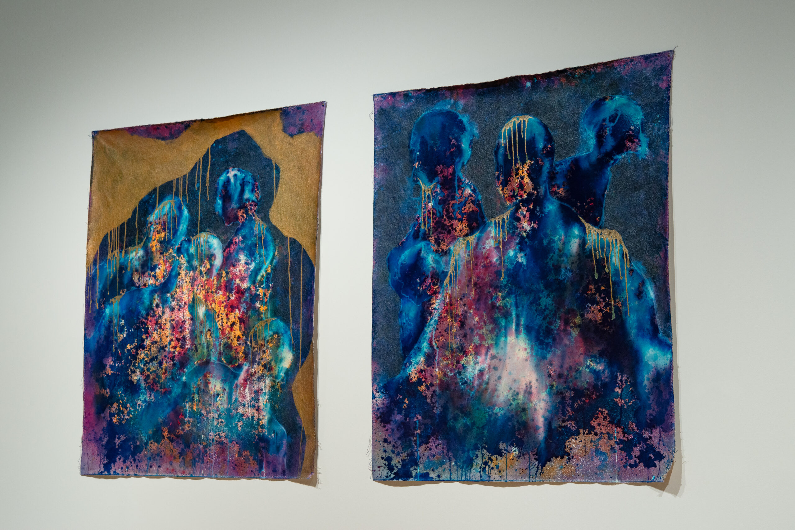 Left to right: Alexis McGrigg (born 1989), Second Calling, 2023; Apparition of a Boy, 2023; and A Message for Peter, 2025; Installation view; Procion MX dye and acrylic on canvas