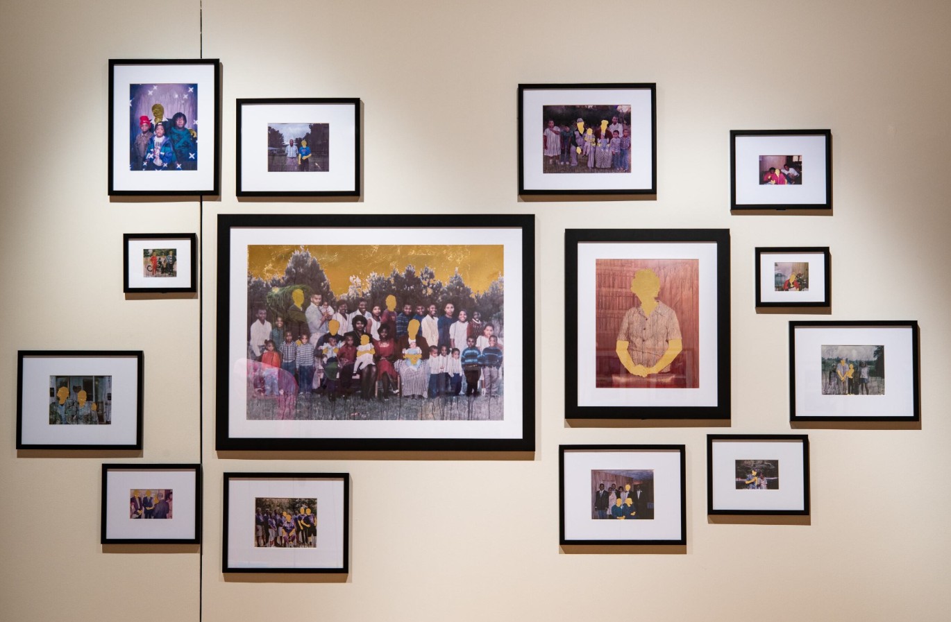 Alexis McGrigg (born 1989), A Personal Constellation, 2025; Installation view; Archived family photos, acrylic, gold leaf