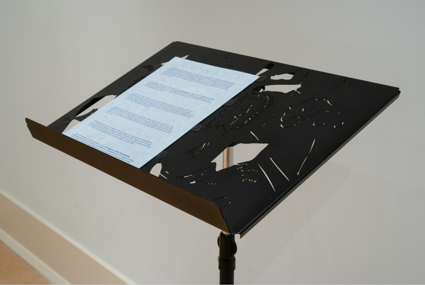 Connor Frew (born 1995), Music Stand (for the Book Fair) (detail), 2024; Installation view; Laser-cut steel music stand