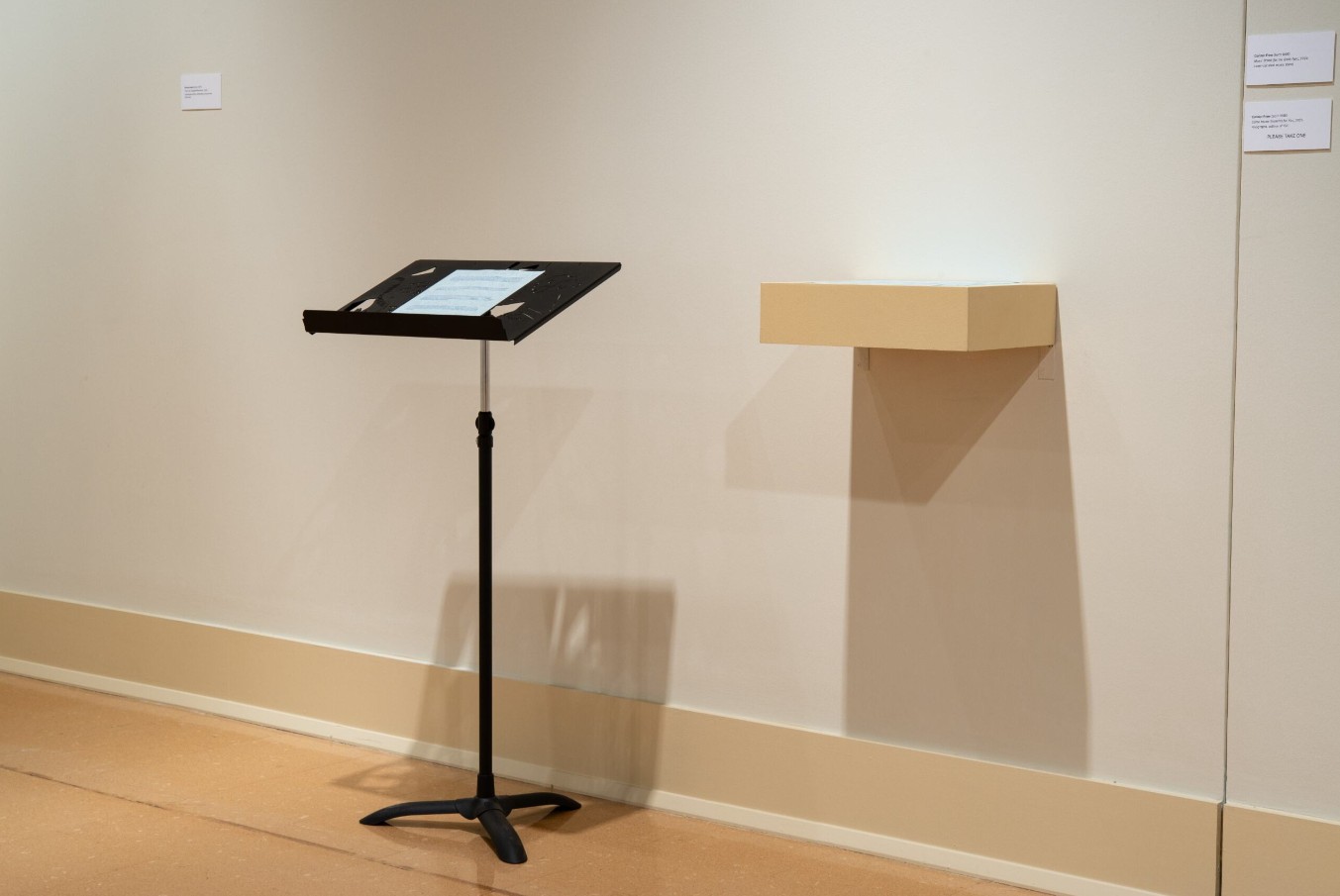 Connor Frew (born 1995), Music Stand (for the Book Fair), 2024; Installation view; Laser-cut steel music stand