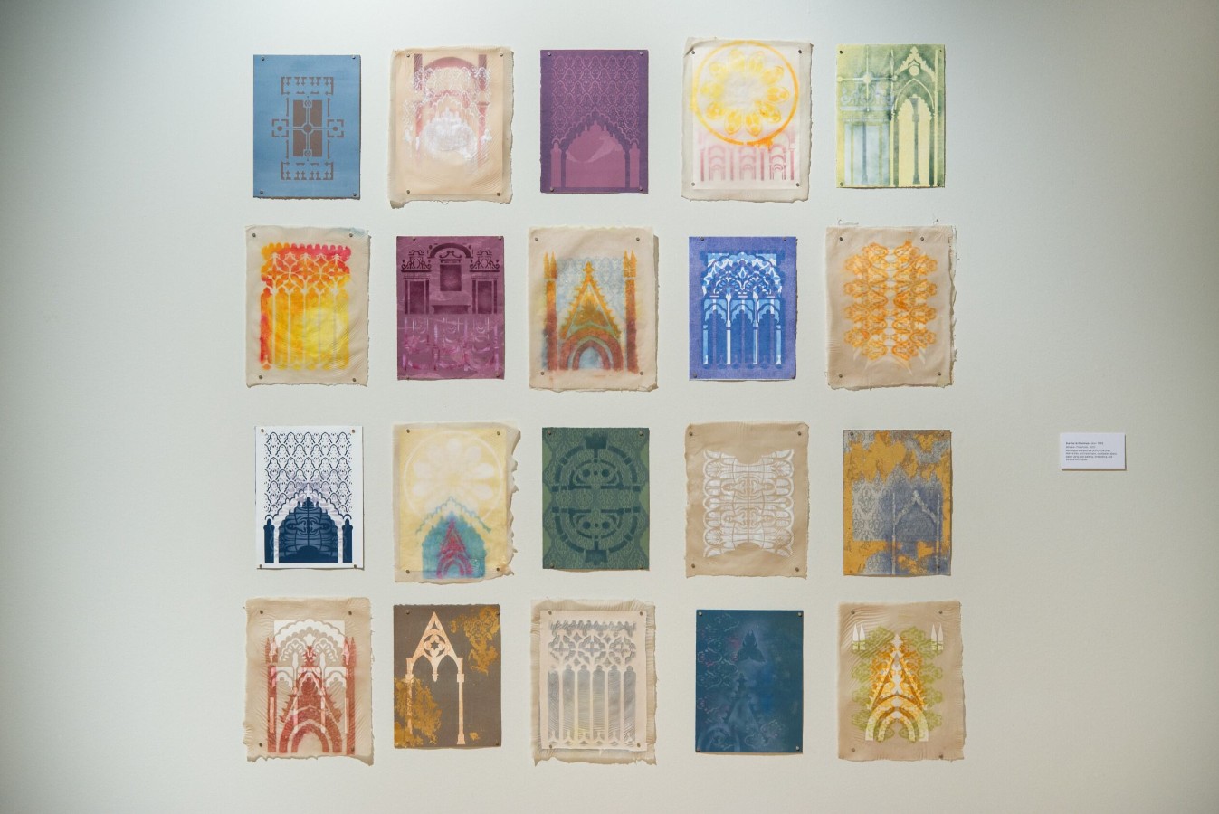 Sue Carrie Drummond (born 1990), Between Thresholds, 2025; Installation view; Monotypes and pochoir prints on Arches,  Hahemühle, and handmade, overbeaten abaca  paper using pulp painting, embedding, and  blowout techniques