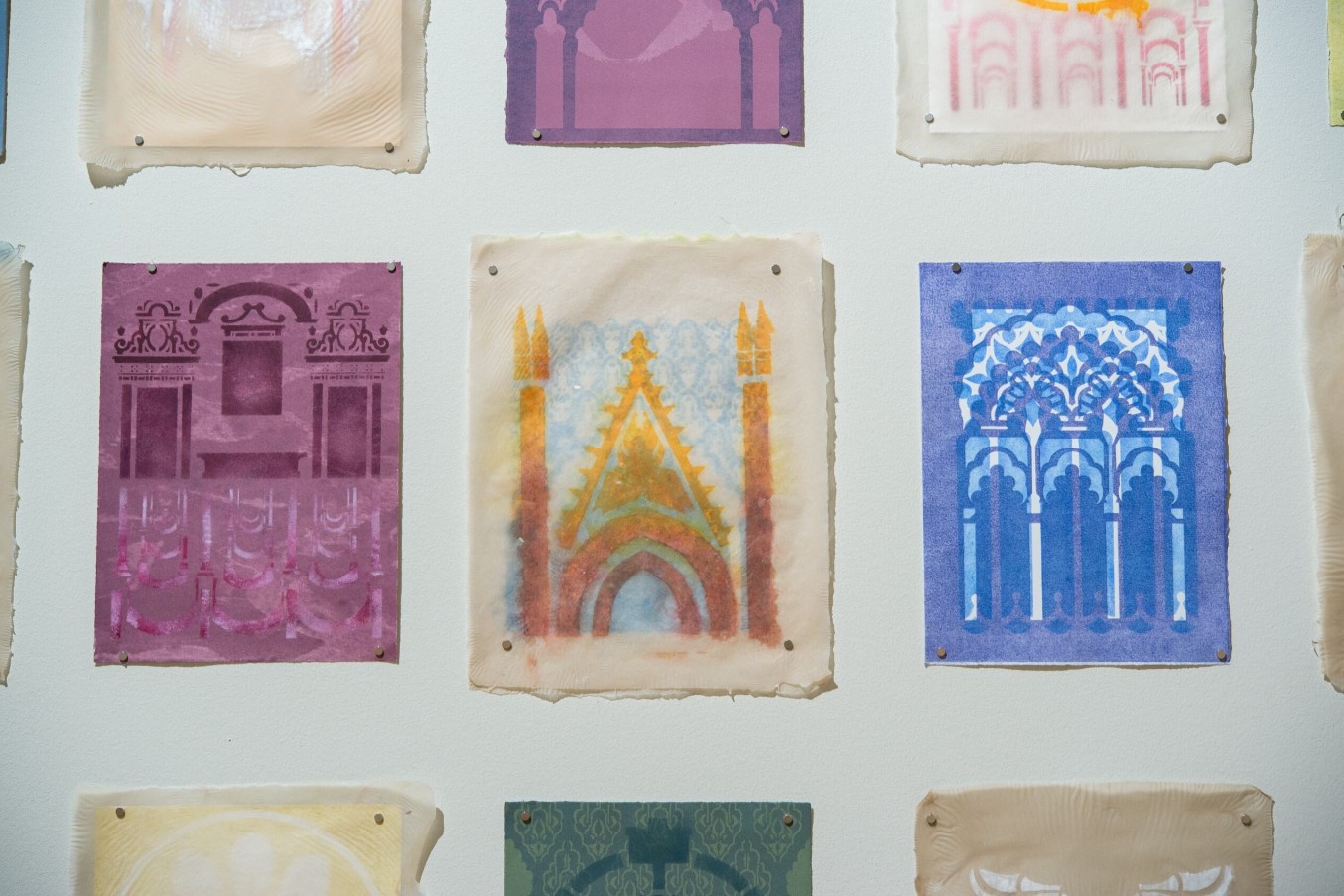 Sue Carrie Drummond (born 1990), Between Thresholds (detail), 2025; installation view; Monotypes and pochoir prints on Arches,  Hahemühle, and handmade, overbeaten abaca  paper using pulp painting, embedding, and  blowout techniques