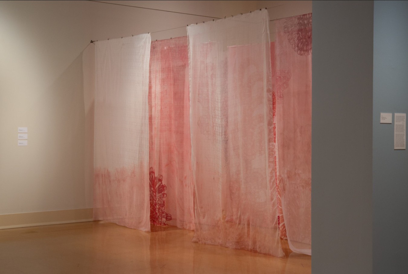 Sue Carrie Drummond (born 1990), A Beautiful Snare, 2021; Installation view; Dip dyed and screen-printed voile, chiffon, charmeuse, and cotton