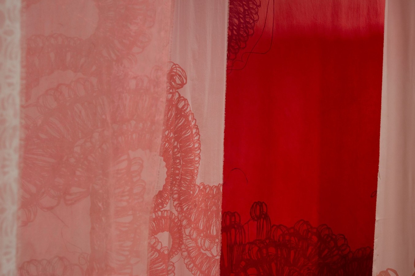 Sue Carrie Drummond (born 1990), A Beautiful Snare (detail), 2021; Installation view; Dip dyed and screen-printed voile, chiffon, charmeuse, and cotton