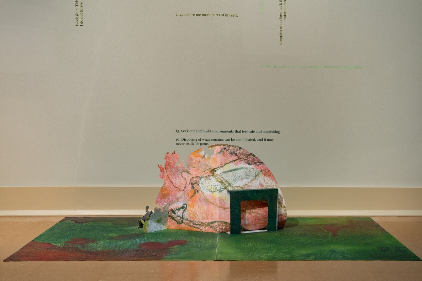 Sue Carrie Drummond (born 1990), The Mold Garden (detail), 2024; Installation view; Monotypes and pochoir prints on Stonehenge paper (3 of 6 total spreads), vinyl adhesive