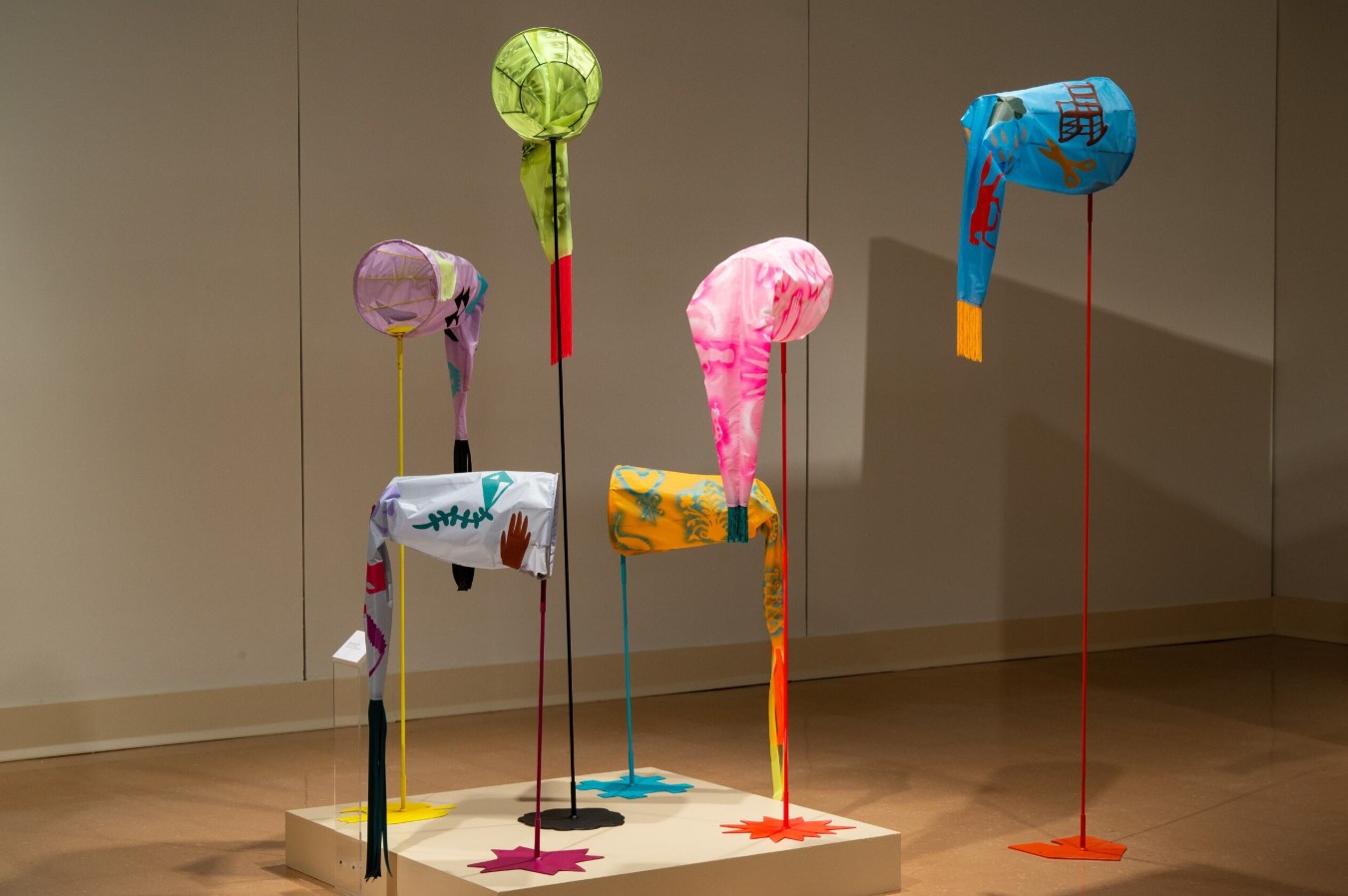 Kaleena Stasiak (born 1986), Windsocks, 2024–ongoing; Installation view; Painted silk, plasma-cut steel, steel rods