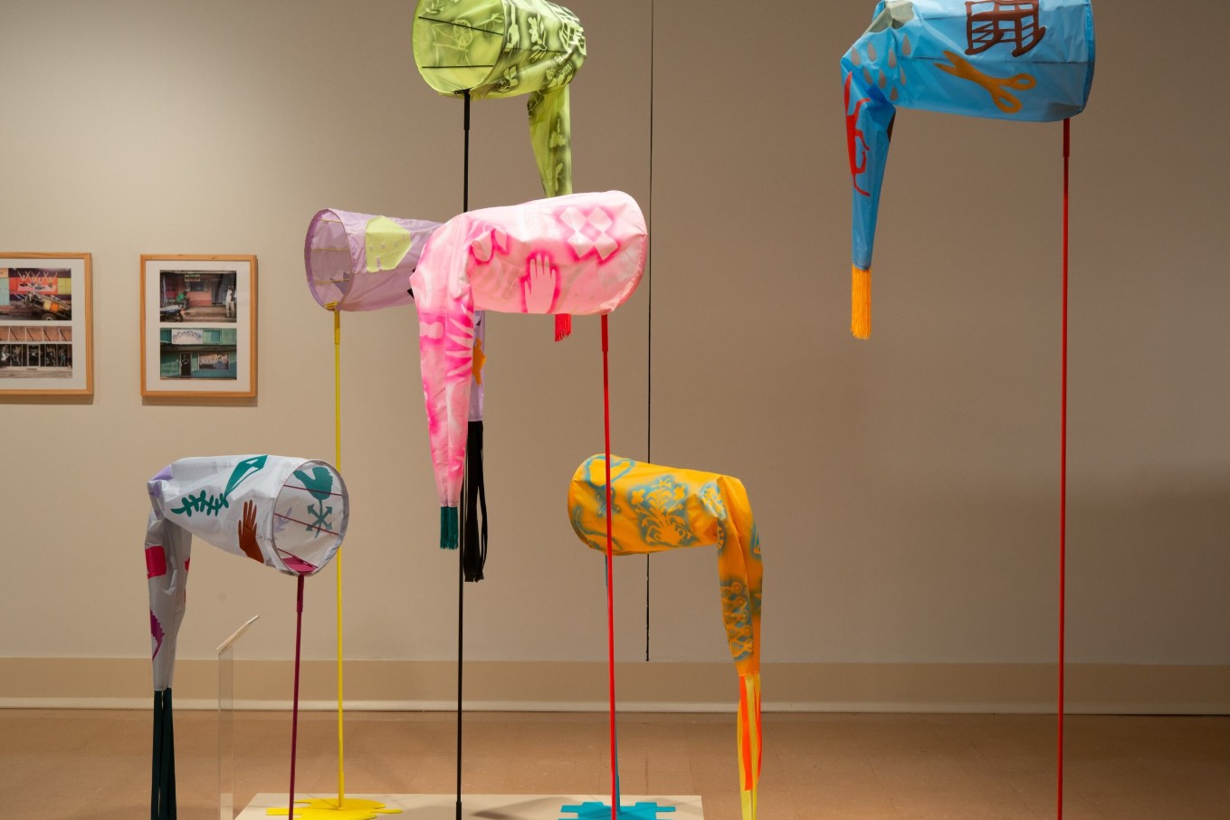 Kaleena Stasiak (born 1986), Windsocks (detail), 2024–ongoing; Installation view; Painted silk, plasma-cut steel, steel rods