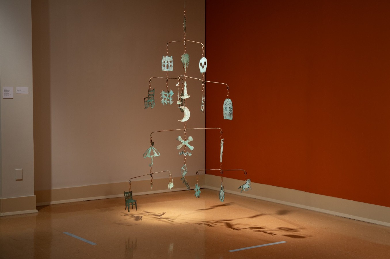 Kaleena Stasiak (born 1986), Bellwether, 2024; Installation view; Plasma-cut steel, steel rod, copper chain
