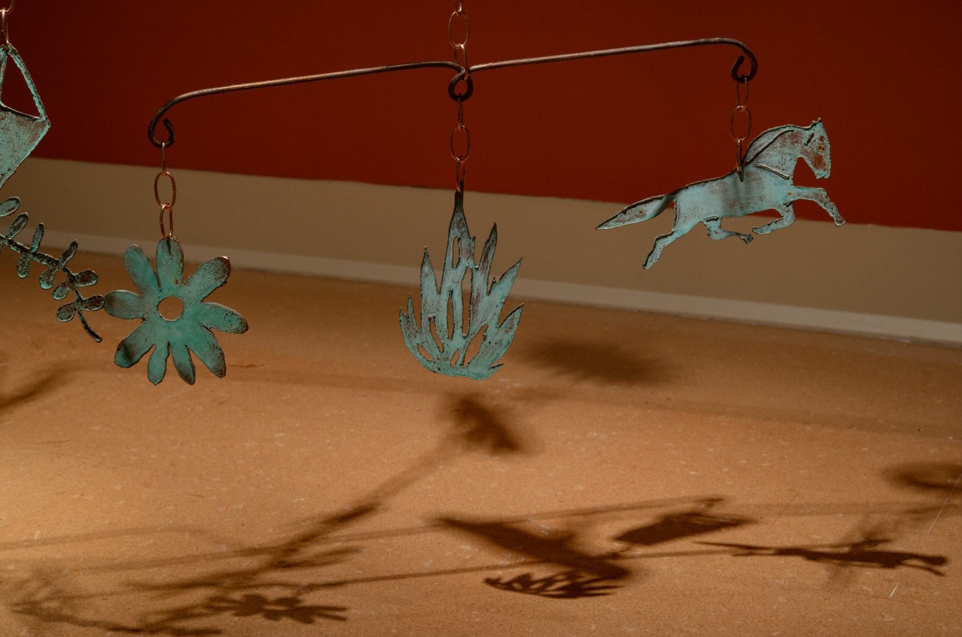 Kaleena Stasiak (born 1986), Bellwether (detail), 2024; Installation view; Plasma-cut steel, steel rod, copper chain