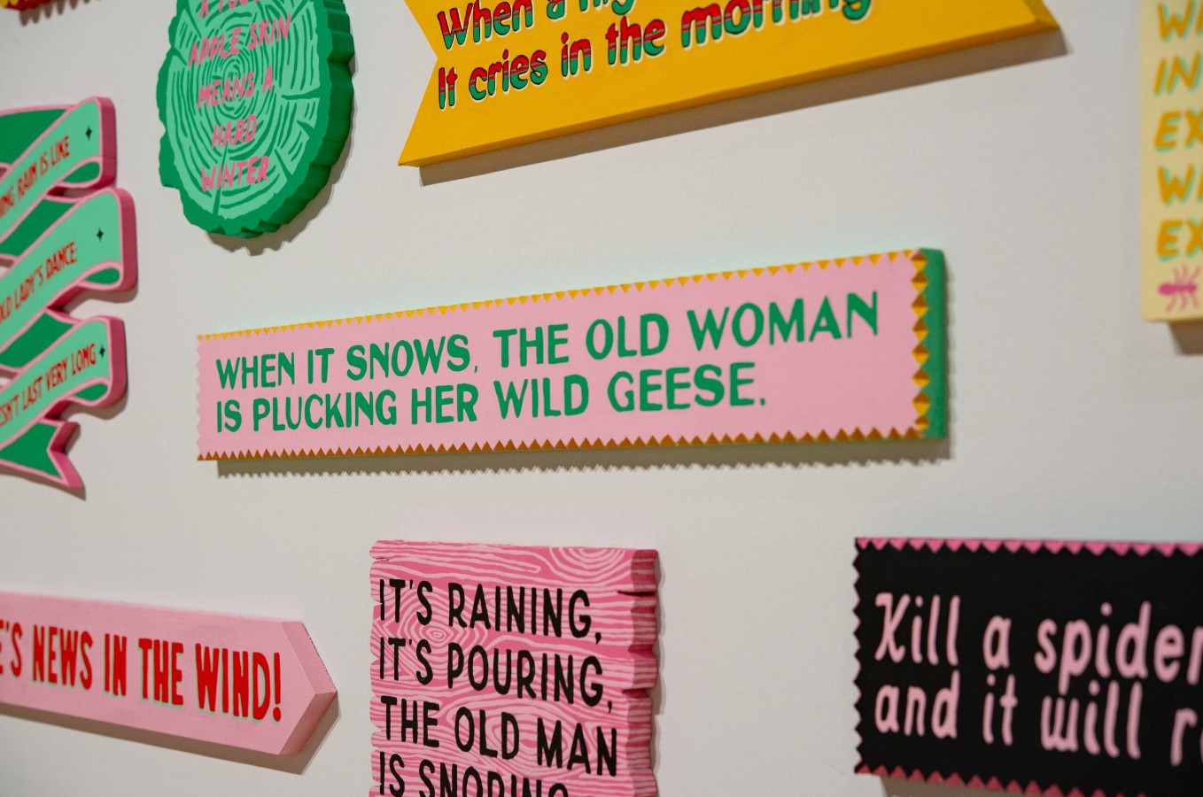Kaleena Stasiak (born 1986), Words of Warning (detail), 2024–ongoing; Installation view; House paint on wooden boards