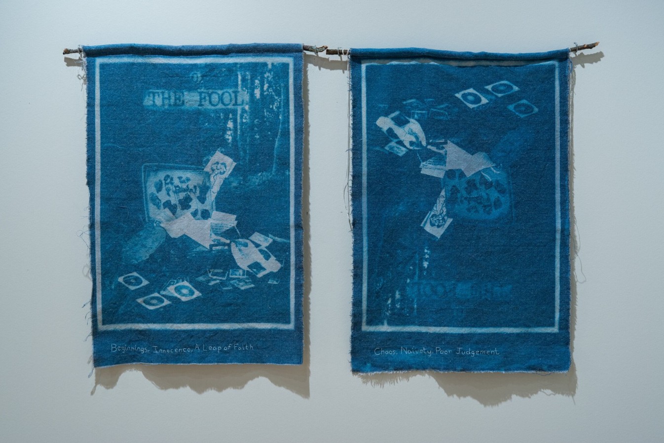 Emma Lorenz (born 2001), The Fool (Upright/Reversed), 2025 Cyanotype prints, embroidery, found tree branches