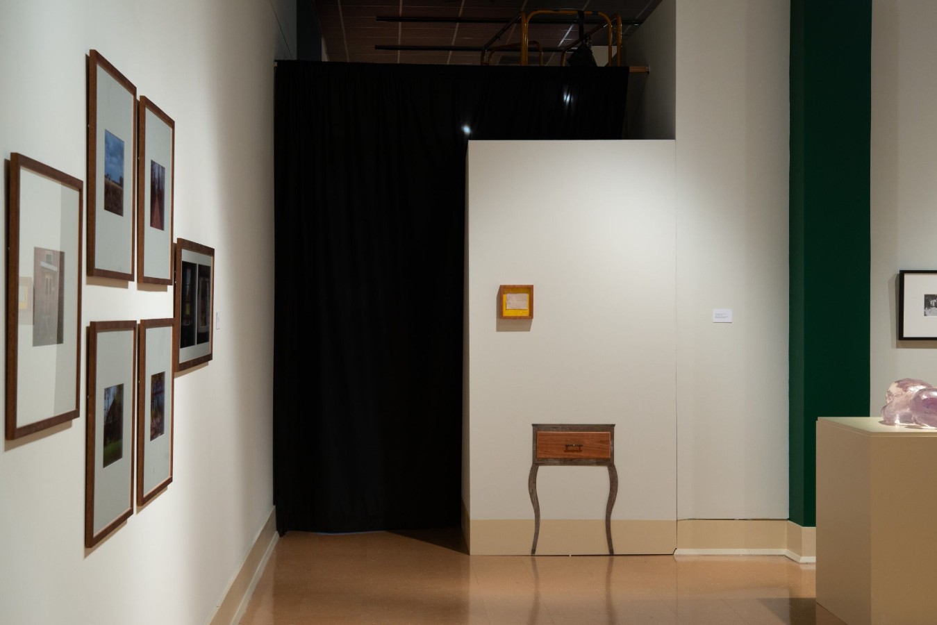 Rylee Brabham (born 2001), Junk Drawer, 2025; Installation view; Steel, green velvet, satin, plywood, testosterone bottle, syringe