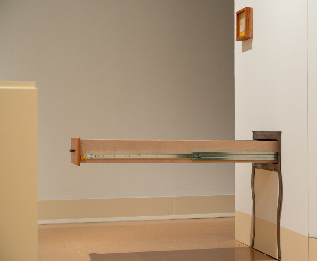 Rylee Brabham (born 2001), Junk Drawer, 2025; Installation view; Steel, green velvet, satin, plywood, testosterone bottle, syringe